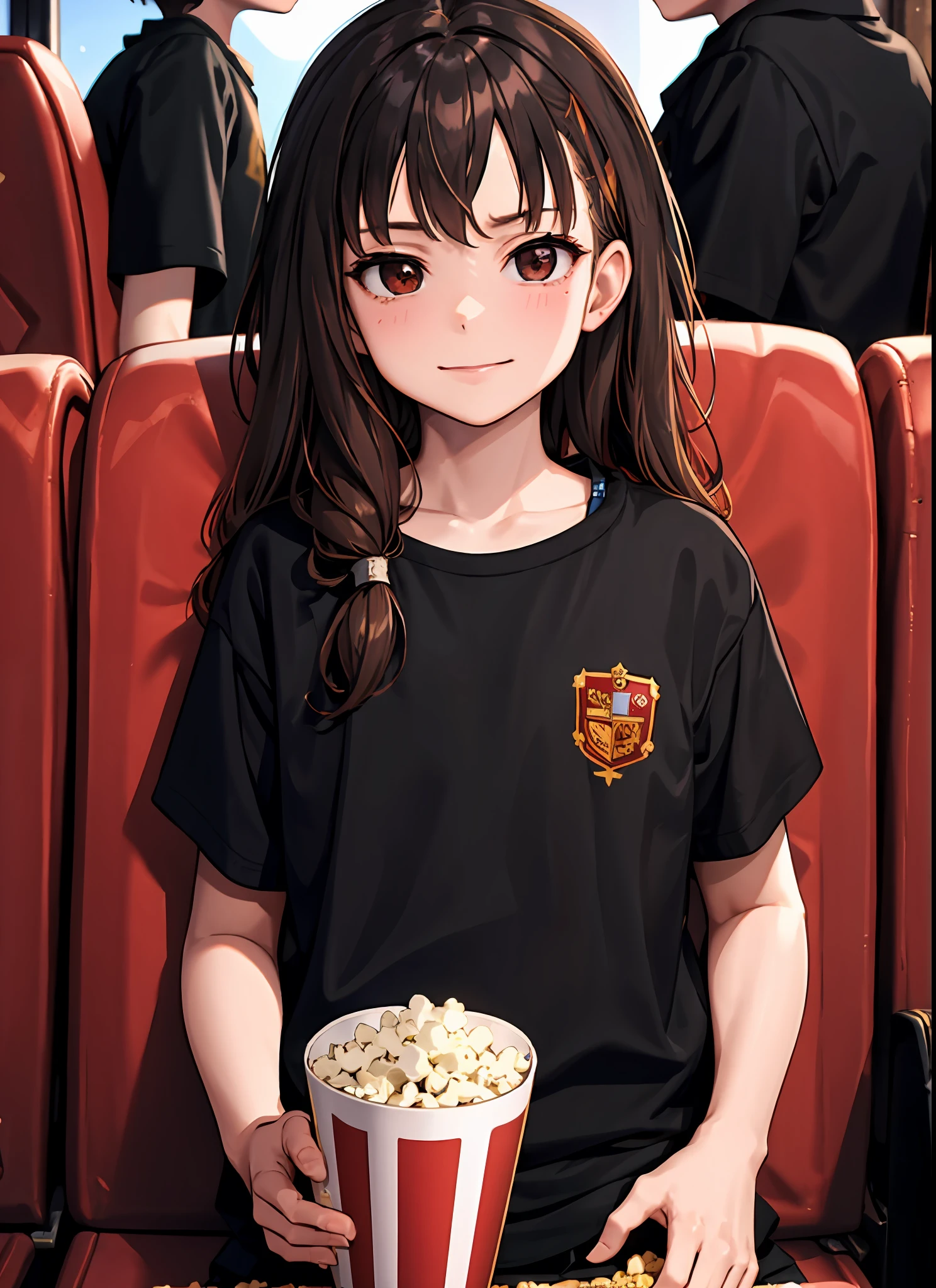 1girl, solo focus, (child), brown eyes, (12 year old), a young  eating popcorn while sitting in a cinema, cinema, movies, casual shirt, hermione granger,