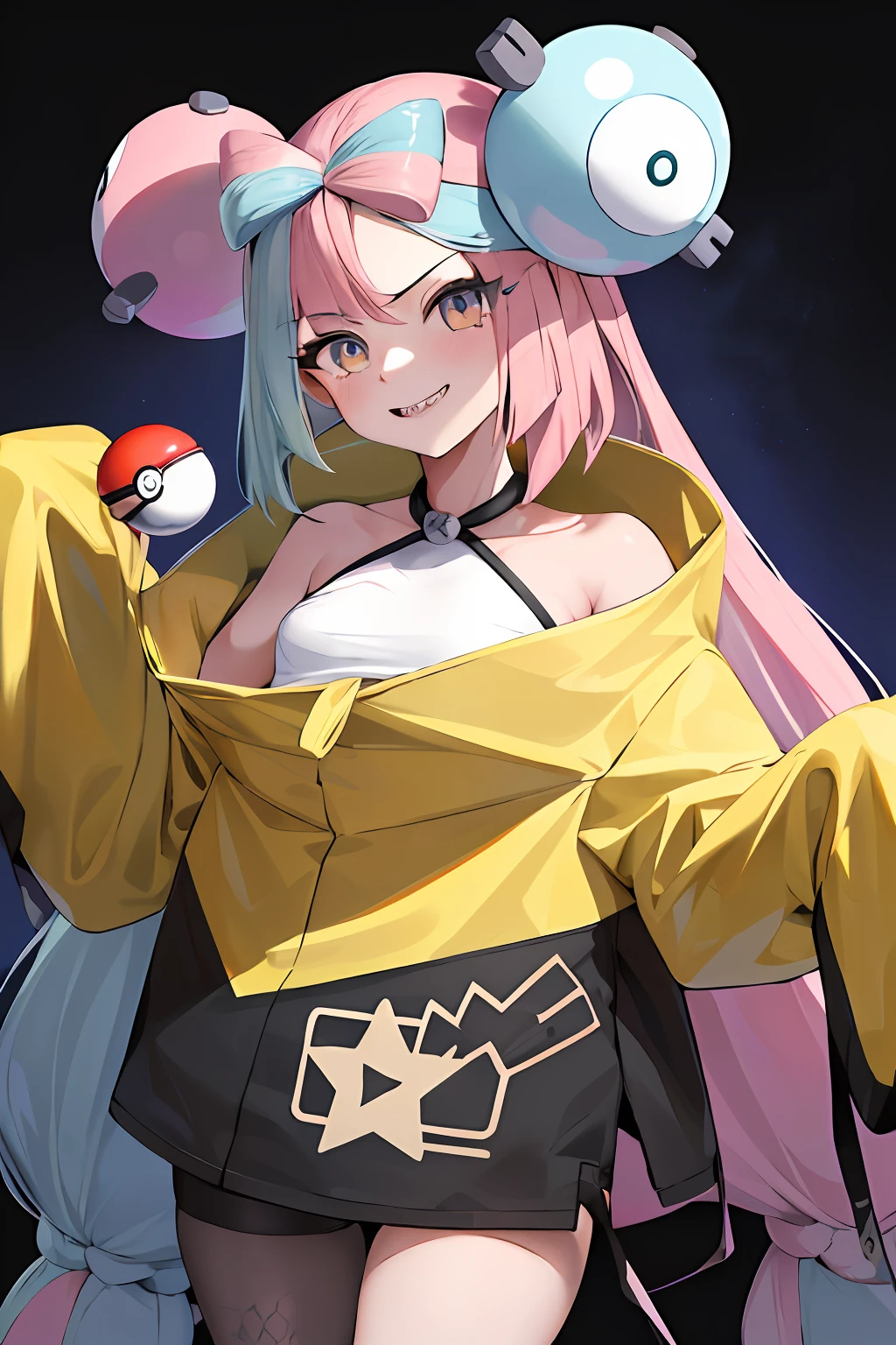 ​masterpiece, top-quality, Hi-Res, iono1, 1girl, The long-haired, hair adornments, long-sleeve, cowboy  shot, (Holding poke_ball), poke ball \(basic\),Tearable clothes、Chest chiller、teats、an ecstatic look on one's face