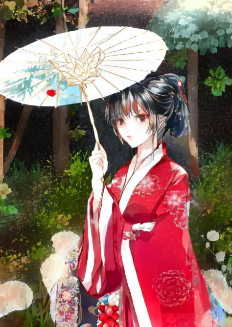 wearing red kimono，arapei with an umbrella, hanfu, palace ， a girl in hanfu, wearing ancient chinese clothes, with acient chines...