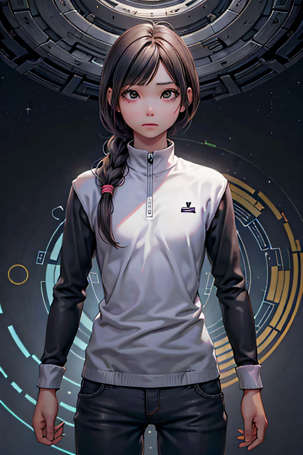 Anime girl in a space suit standing in front of a futuristic structure ...