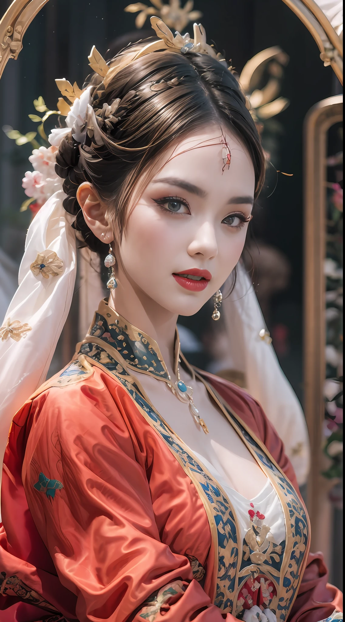 20歳の若い聖人の肖像, a saint with a beautiful and super cute 顔, charming アダルト saint in a long dress made of thin silk, beautiful cute 顔, アダルト, 薄い多色のシルクのドレスを着て, beautiful 顔 without blemishes, かわいらしい笑顔, ((7色の髪の長さ:1.2)), 大きな王冠, ヘアブローチ, 漢服ドレス, 中国古代スタイル, 全身ジュエリー, 額のタトゥー, 女性の聖人の胸は丸くて豊満である, 顔, innocent 顔, 最も美しく、細部までこだわったライトレッドの口紅, ((薄くふっくらとした唇:0.3)), 繊細なピンクと白の目 (白くて細かい) 映画のような, 光と闇, ドラマチックな照明, 魔法の光, 非常に詳細な光, 天然色, 超シャープ, 現実的, 8K品質, ファンタジー宇宙の背景, 聖人と魔法の空間, 最も詳細な画像, 一人で, 聖女, ((聖人の上半身を直接見る:0.4)), ((すべすべの肌:0.5)),