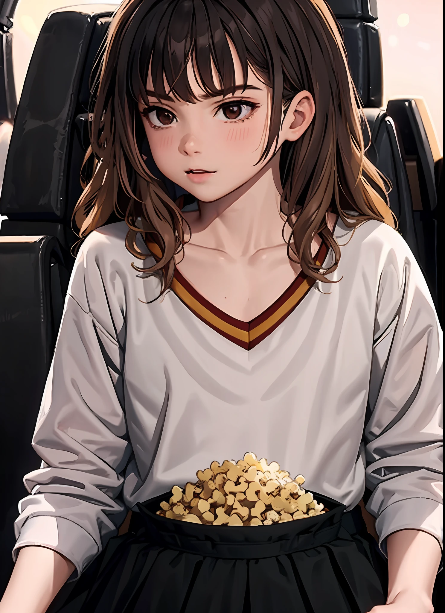 1girl, Solo Focus, (child), Brown eyes, (14 years old), Small child eating popcorn, Sitting in the cinema, cinema, cinema, Casual shirt, Hermione Granger, erotica, Sex, sperm on face, décolleté, little chest