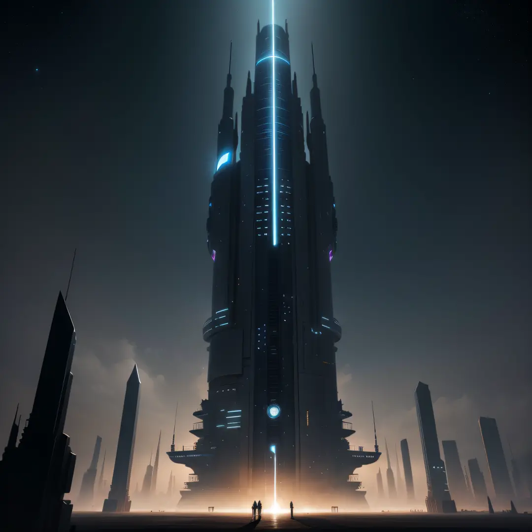 In the universe，A sci-fi style tower，Tech style，The background is the black universe，down view