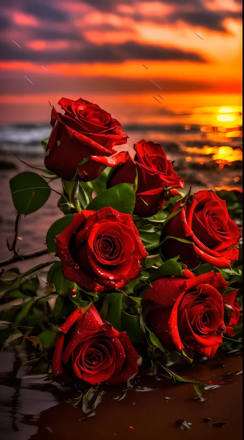 Roses in the rain at sunset on the beach, roses in cinematic light, gorgeous romantic sunset, Red roses, flowers sea rainning everywhere, Black roses, rosses, very beautiful photograph of, rosette, floral sunset, ominous beautiful mood, exploding roses, ce...