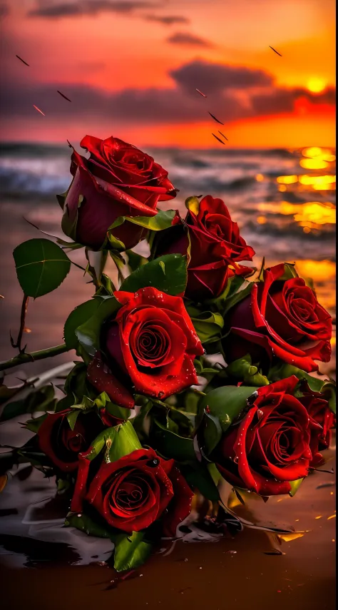 Roses in the rain at sunset on the beach, roses in cinematic light, gorgeous romantic sunset, Red roses, flowers sea rainning everywhere, Black roses, rosses, very beautiful photograph of, rosette, floral sunset, ominous beautiful mood, exploding roses, ce...