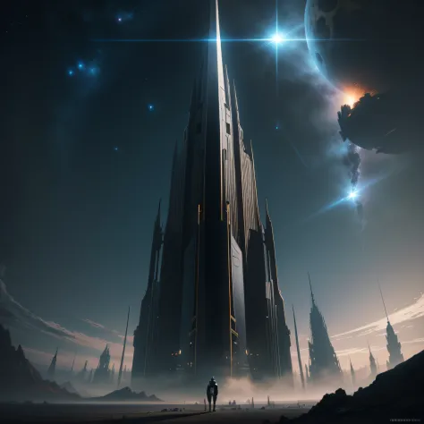 In the universe，Sci-fi style spires，Tech style，The background is the black universe，down view