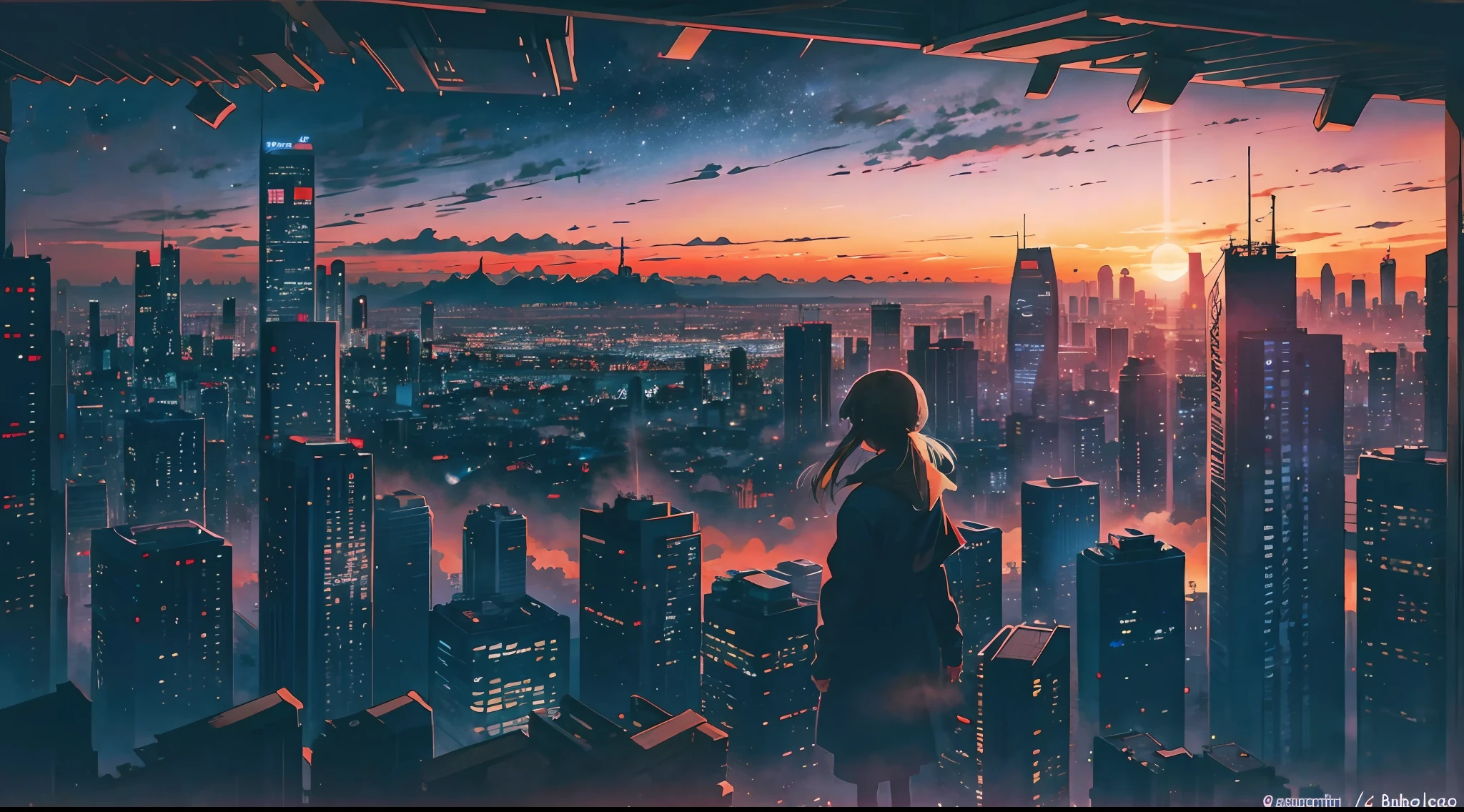 anime,silhouette,1girl, star (sky), cloud, cityscape, building, city, outdoors, skyscraper, city lights, night, night sky, sunset, skyline --auto