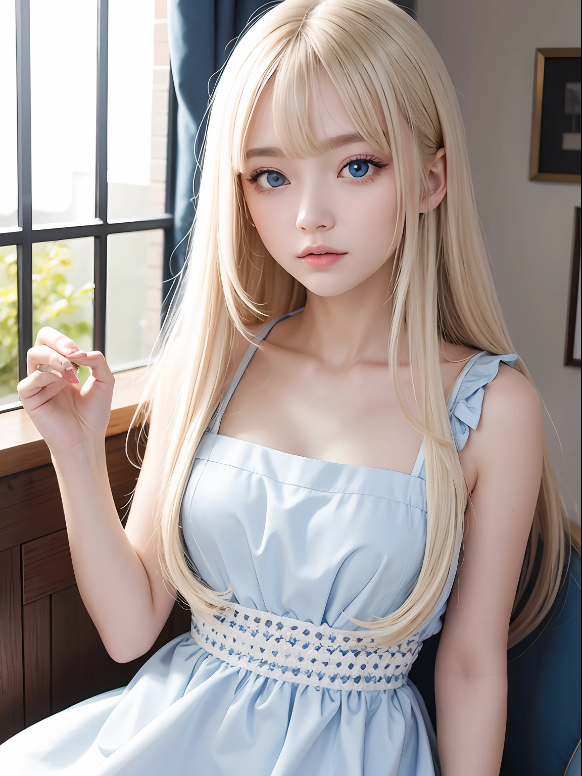 top-quality、超A high resolution、a picture、a photo of a cute girl、Detailed cute and beautiful face、(pureerosface_v1:0.008)、alice in the wonderland、13years、White shiny skin、bangss、Platinum Blonde Super Long Straight Silky Hainer hair、Attractive beautiful crystal clear big blue eyes、White Apron、a blue dress、without makeup