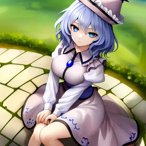 (masterpiece), best quality, perfect face, expressive eyes, merlin prismriver,1girl,hat,blue eyes,blue hair, short hair, long sl...