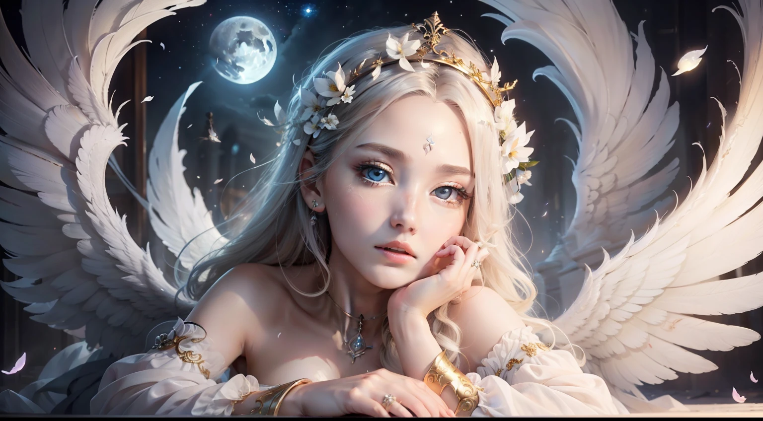 Qualidade de imagem superior、obra-prima、iluminação leve、cara aos detalhes、A mulher anjo é linda demais、uma alada branca、Olhos Estranhos、Robes de anjo、peito enorme、pétalas esvoaçantes、noite de lua cheia