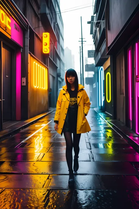 1girl ,  VeronicaCipher, tshirt, yellow coat, raining, cyberpunk, dark alley, midnight, neon light, bladerunner,
(35mmstyle:1.1)...