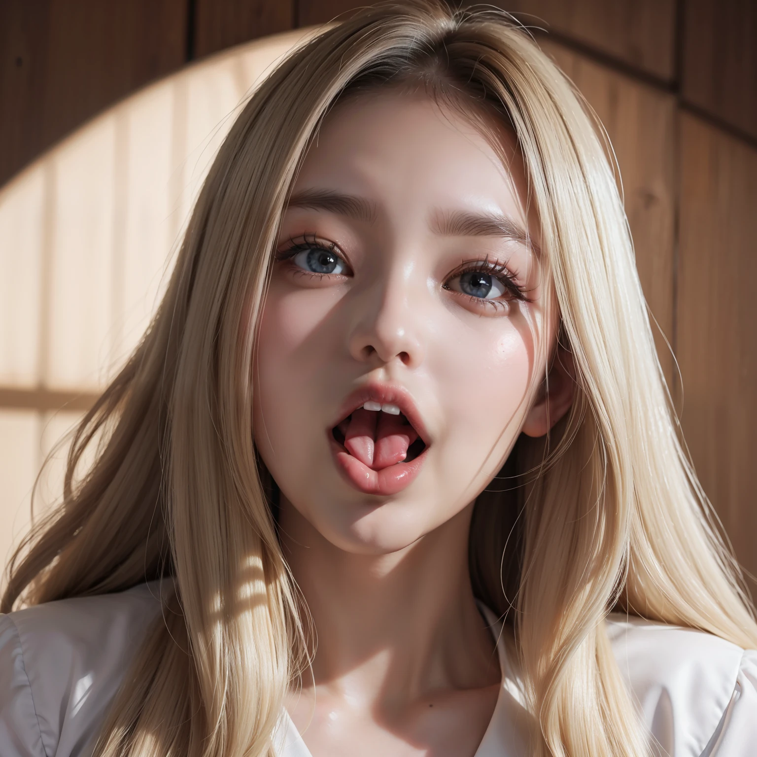 A close up of a woman with long blonde hair sticking out her tongue -  SeaArt AI