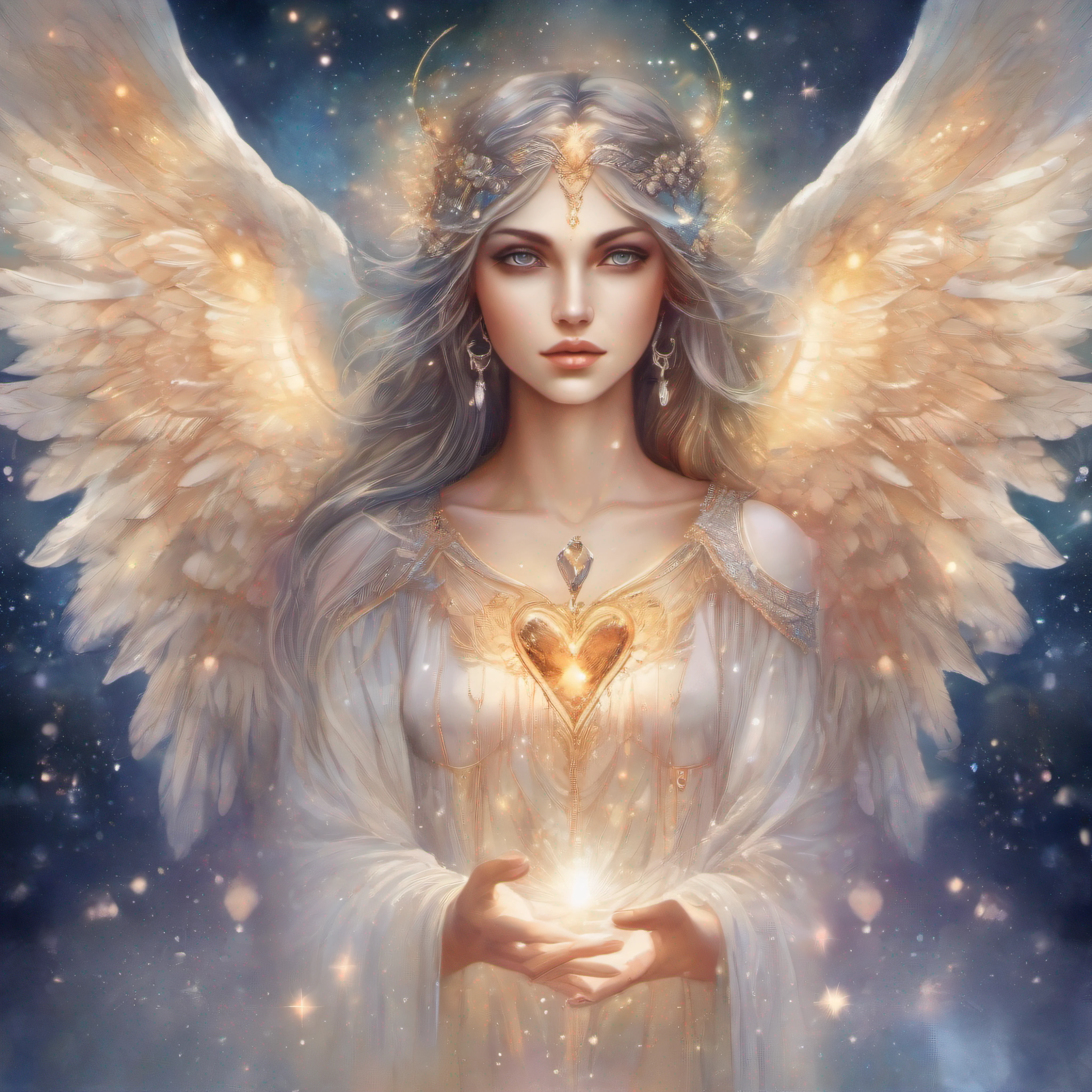 Watercolor beautiful angel, crystals, milky way, angel heart, spread big wings, fantasy art, symmetry wings, fantasy illustration, with beautiful face, perfect eyes, lights, fantasy art