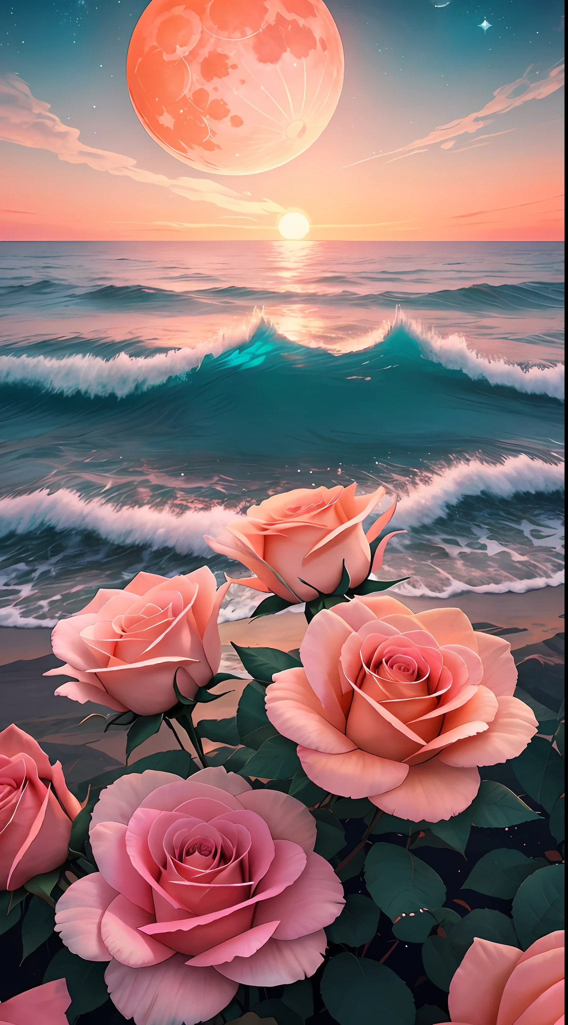 Orange moon, teal sky, soft pink clouds, teal ocean waves sparkling, sparkling, pink roses on pink ocean, fantasy, diamond, crown, universe, soft lights,