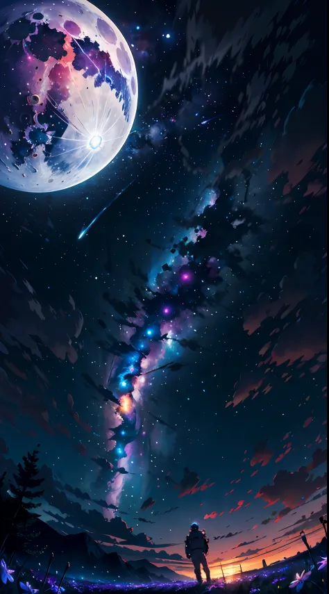 expansive landscape photograph , (a view from below that shows sky above and open field below), a astronaut standing on flower field looking up, (full moon:1.2), ( shooting stars:0.9), (nebula:1.3), distant mountain, tree BREAK
production art, (warm light ...