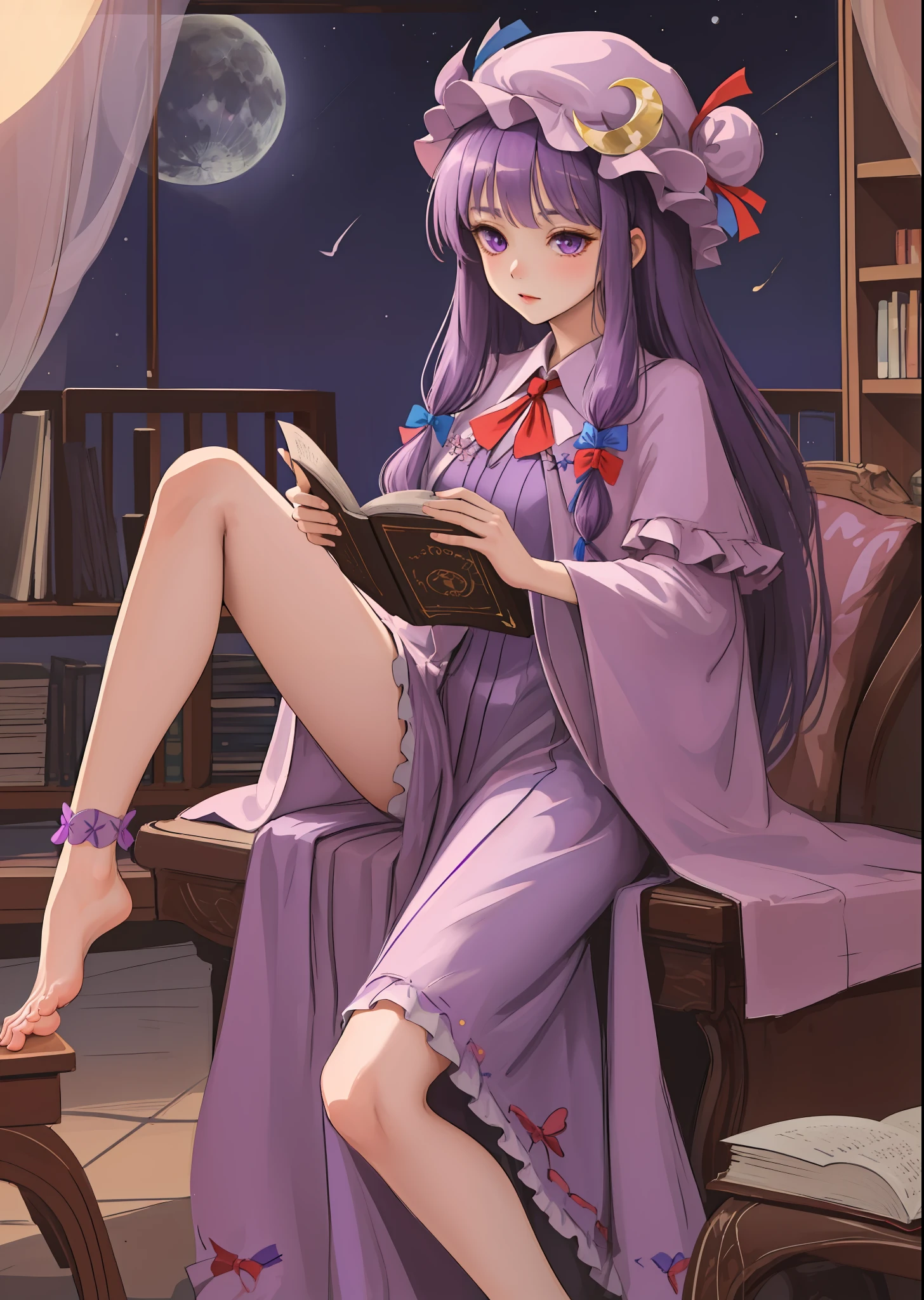 feet, sole, toe ((masterpiece, best quality)), 1girl, patchouli_knowledge, purple dress, purple eyes, purple hat, crescent hair ornament, reading book, library, moon