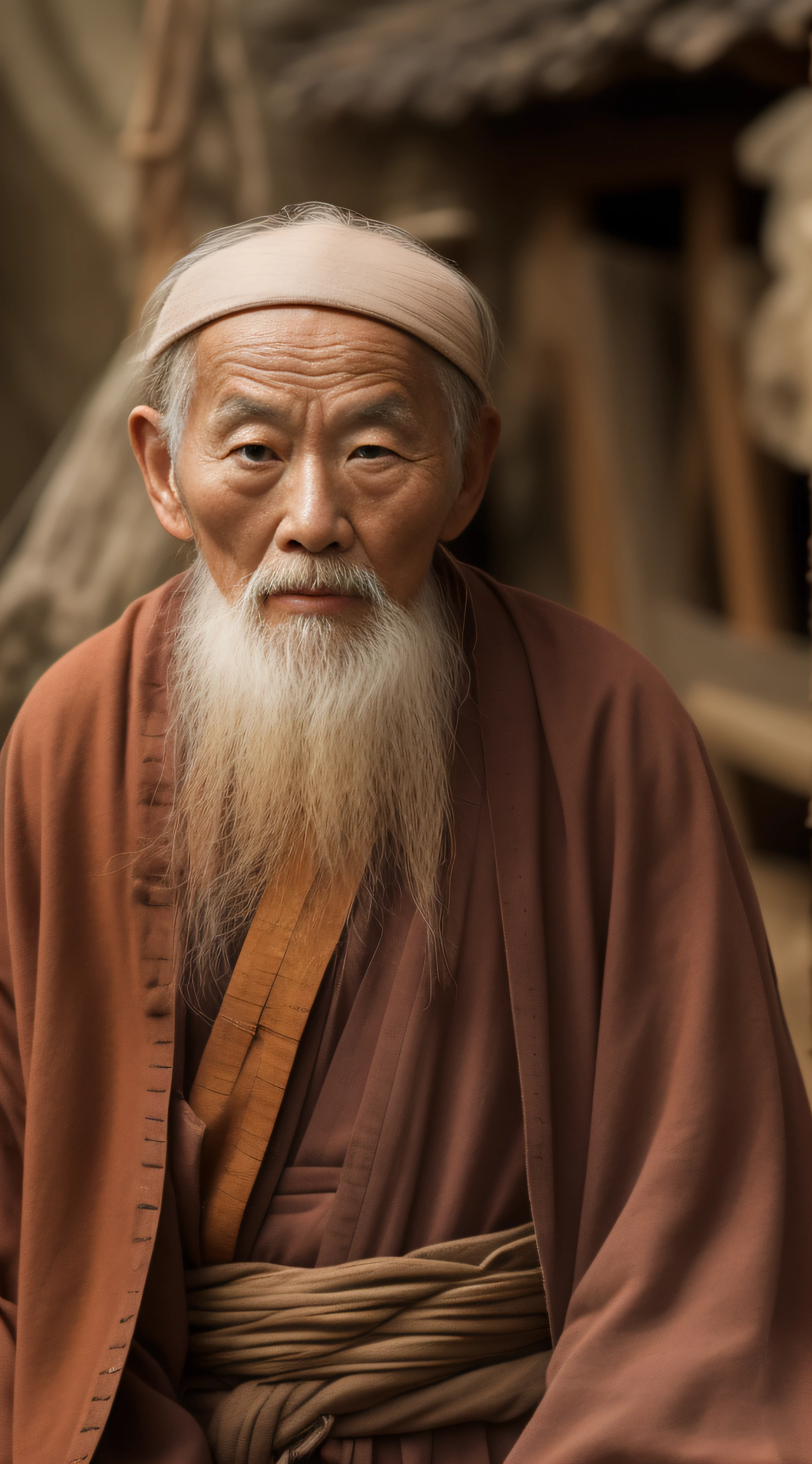 (A old man+inspiration：Wu Daozi+Red clay net+Shen Hangjia)^1.2, Wise old man, Taoist master, Taoist, 8-K film still image, One 80-year-old, Ancient Chinese monks, Wang Defa, Best quality, looks into camera, outside,