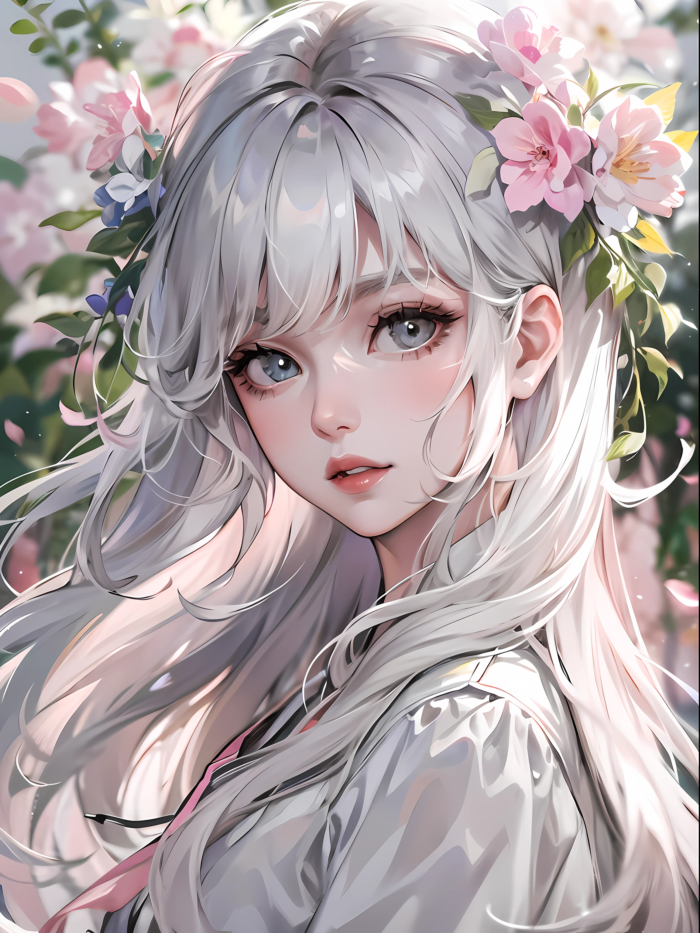 8K masterpiece superlative, anime woman, cold wind realistic portrait, sister, silver white long hair woman, long hair, light pink lips, calm and rational bangs, gray pupils, flower background, petals dancing, delicate face