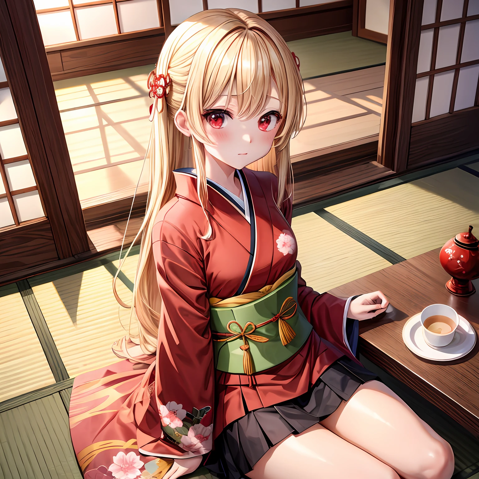 Anime girl sitting on the floor with a cup of coffee - SeaArt AI