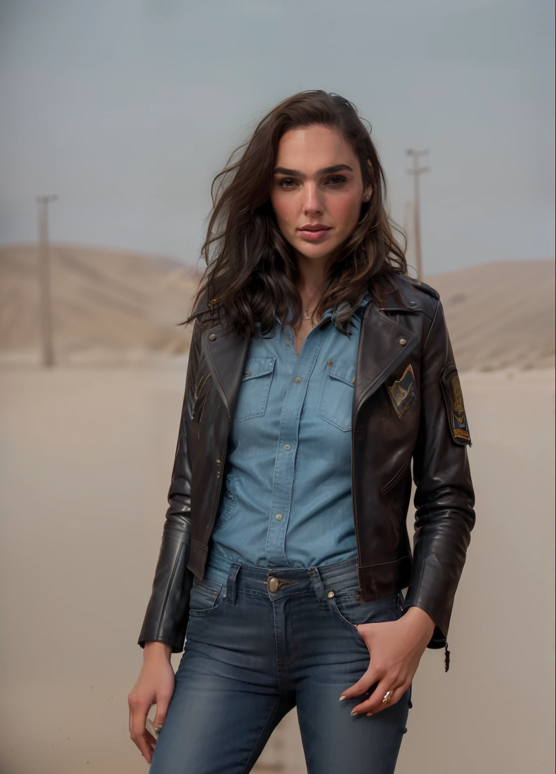 Retrato de gldot como uma bela modelo feminina, georgia fowler, rosto lindo, cabelo castanho escuro curto, in Afghanistan after winning the war. She's wearing a leather jacket, jeans preto, lighting dramatic, (police badge: 1.2)