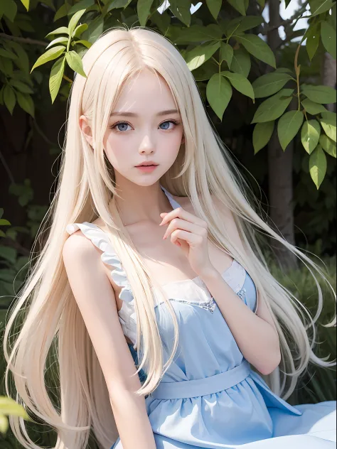top-quality、超A high resolution、a picture、a photo of a cute girl、Detailed cute and beautiful face、(pureerosface_v1:0.008)、alice in the wonderland、13years、White shiny skin、bangss、Platinum Blonde Super Long Straight Silky Hair、finer hair、Attractive beautiful ...