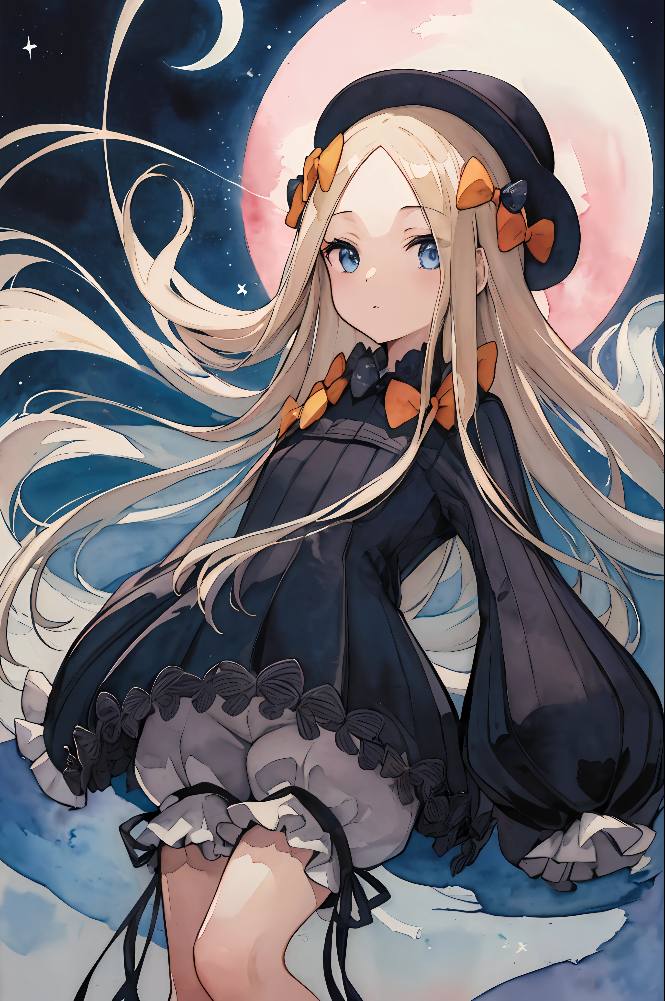 (masterpiece, top quality, best quality,watercolor (medium),official art, beautiful and aesthetic:1.2),(1girl:1.3), hmaw1, long hair, hat, black dress, long sleeve, black sleeves, white bloomers, moon, cosmic,