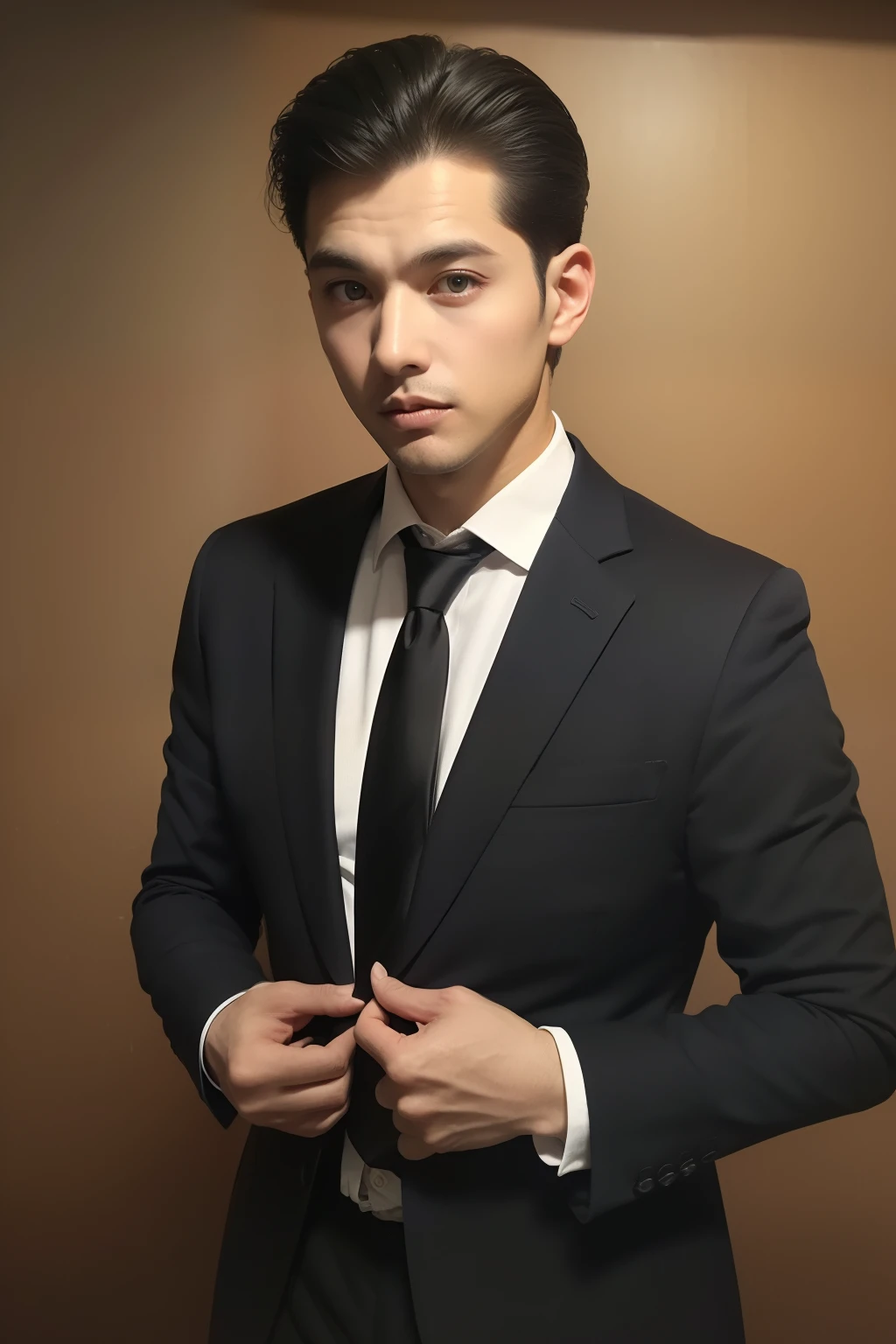 Black suit coat， 18k, {{Masterpiece}}, Best quality, High quality:1.4), simplebackground，（（（brown background））），，{{[[front look}}, Photo pose)]], very pretty look face, And very nice red eyes, 1人, Solo, Portrait of Habibnul Magomedov in a suit and tie, Beard, Serious, Details, Realistic, Photography, The background is blurred out, soft focus