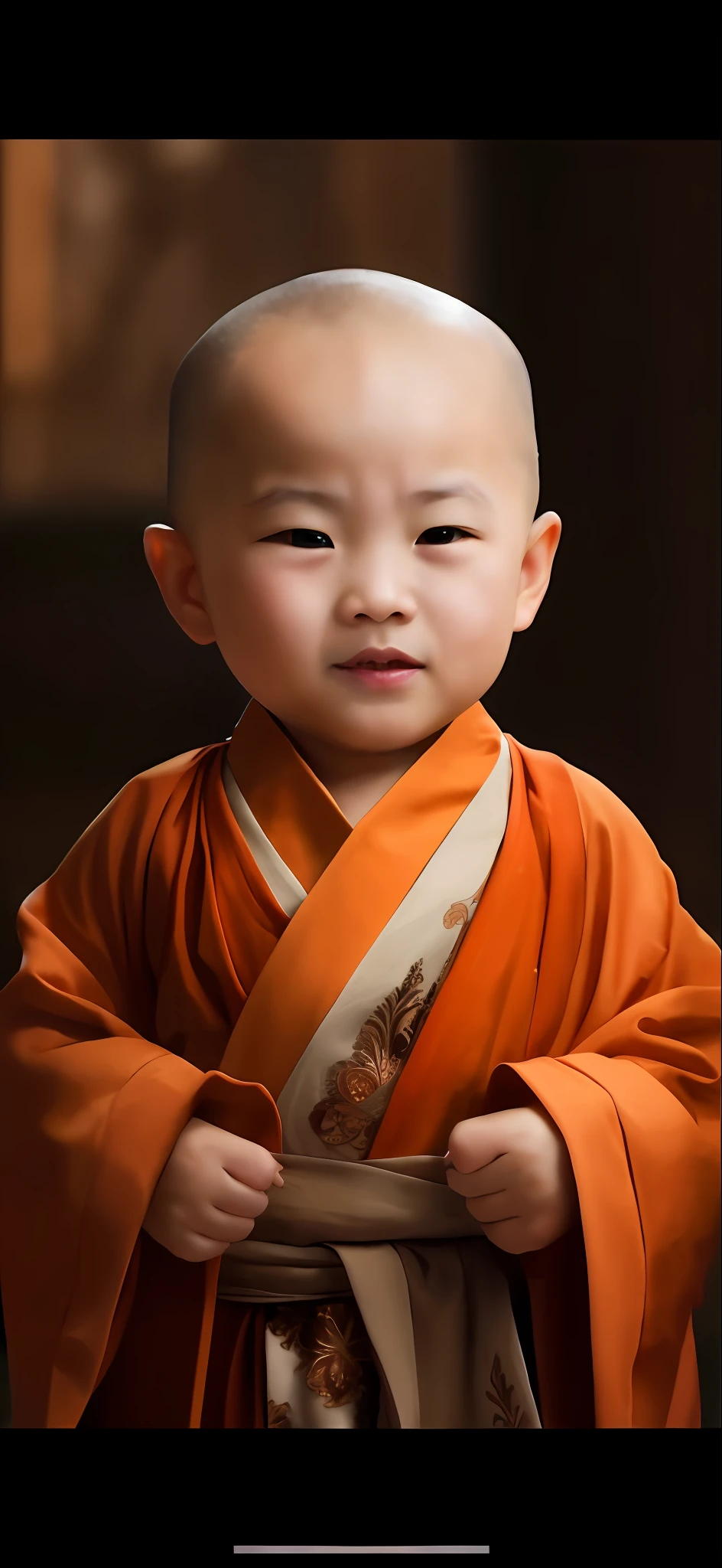 Close-up of a child in a robe holding a belt, monk clothes, buddhist monk, monk, Buddhist, 2 1 st century monk, portrait of monk, wearing brown robes, ancient japanese monk, monk meditation, wearing a long flowing robe, dressed in simple robes, orange robe, Taoist temples and monks, Buddhism, Serene expression, a serene smile, Cute boy, monk