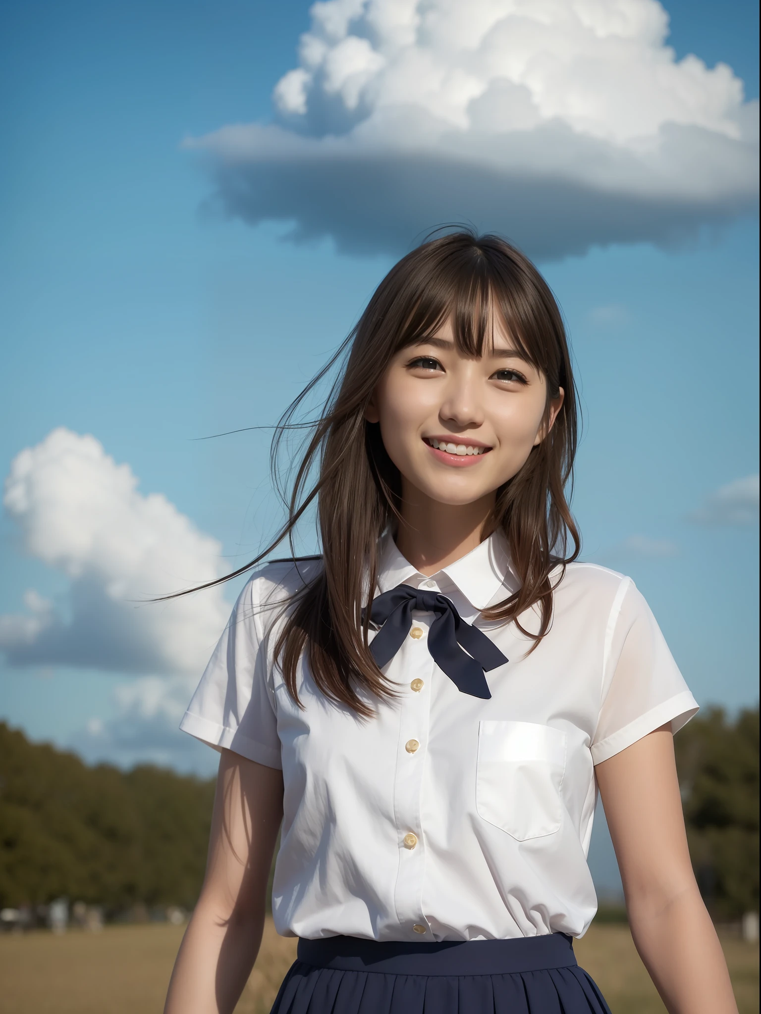 4K,neons, Best Quality, Hyper Detail,1girl in, , cloud, Bag, Short hair, Outdoors, Skirt, School uniform, School bag, White shirt, Blue sky,Full body, Short sleeves, Power lines, Cloudy sky, Standing, hands on pockets, cumulonimbus clouds, Sailor collar, tree, light Particle、Happy smile、realisitic、Live action、a miniskirt、Orange sunset、Looking at the camera、Happy smile、Faces close、Skirt flipping in the wind