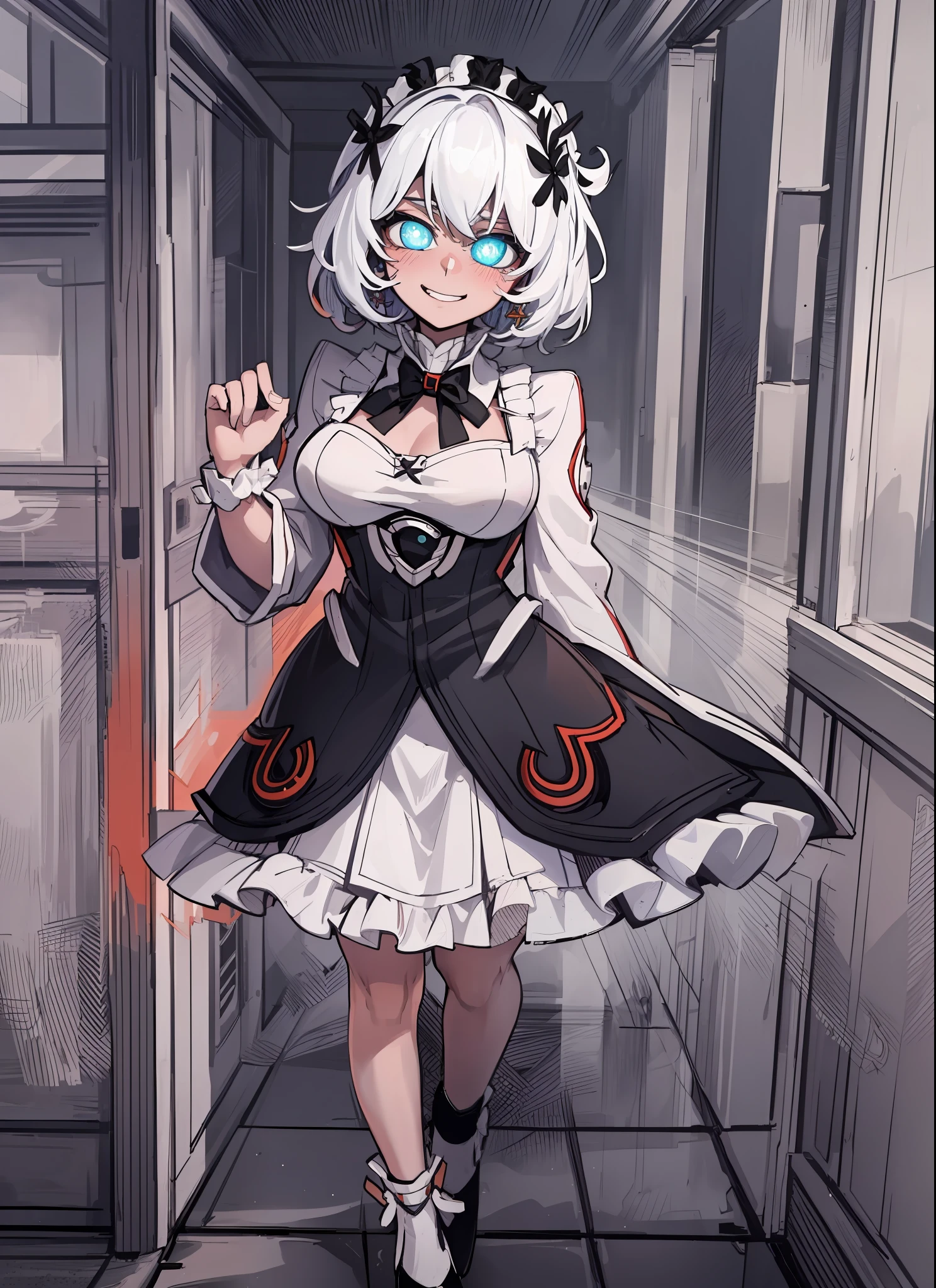 (masterpiece, best quality:1.2), (solo), (1girl), best quality, (photorealistic:1.4),ultra detailed, solo, (full body:1.5), standing, hof, white hair, aqua pupils, love in eyes, blushing, smug, smile, drooling, rolling eyes, white bow tie, maid outfit, long sleeves, miniskirt, big breasts