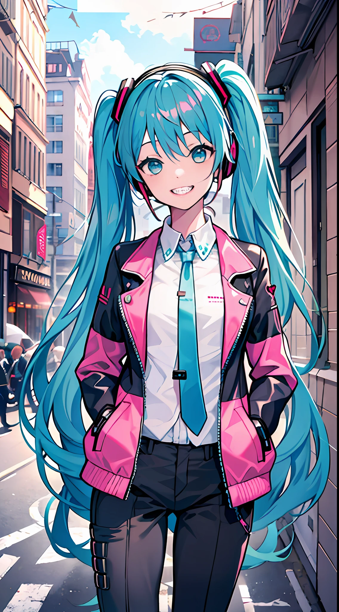 (masterpiece), (best quality), (miku), (border), (looking at viewer), 1girl, (grin), blue hair, smile, wearing pink jacket and red long pants, his hands shoved into his jacket pockets, city background