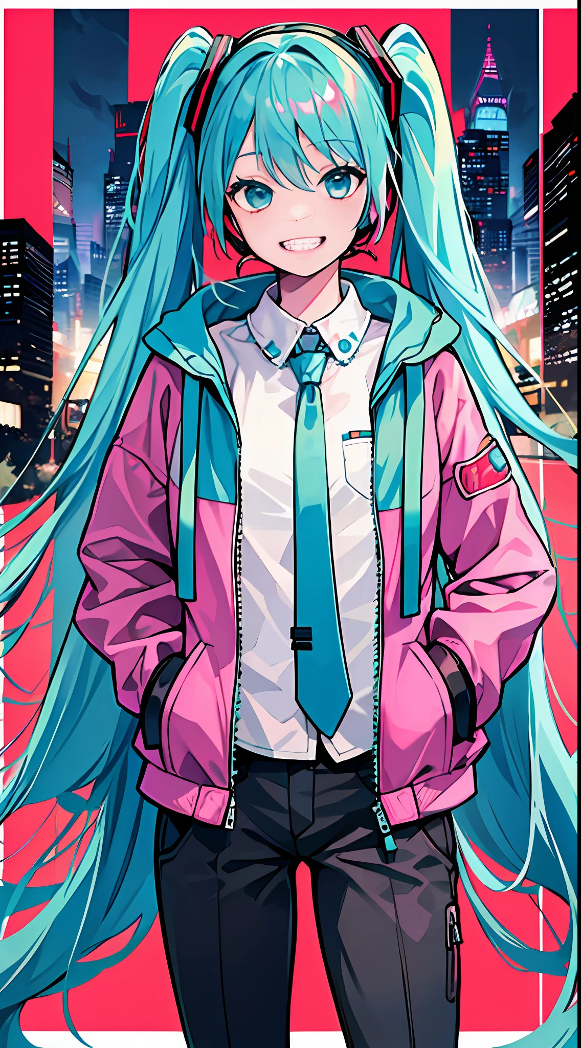 (masterpiece), (best quality), (miku), (border), (looking at viewer), 1girl, (grin), blue hair, smile, wearing pink jacket and red long pants, his hands shoved into his jacket pockets, city background