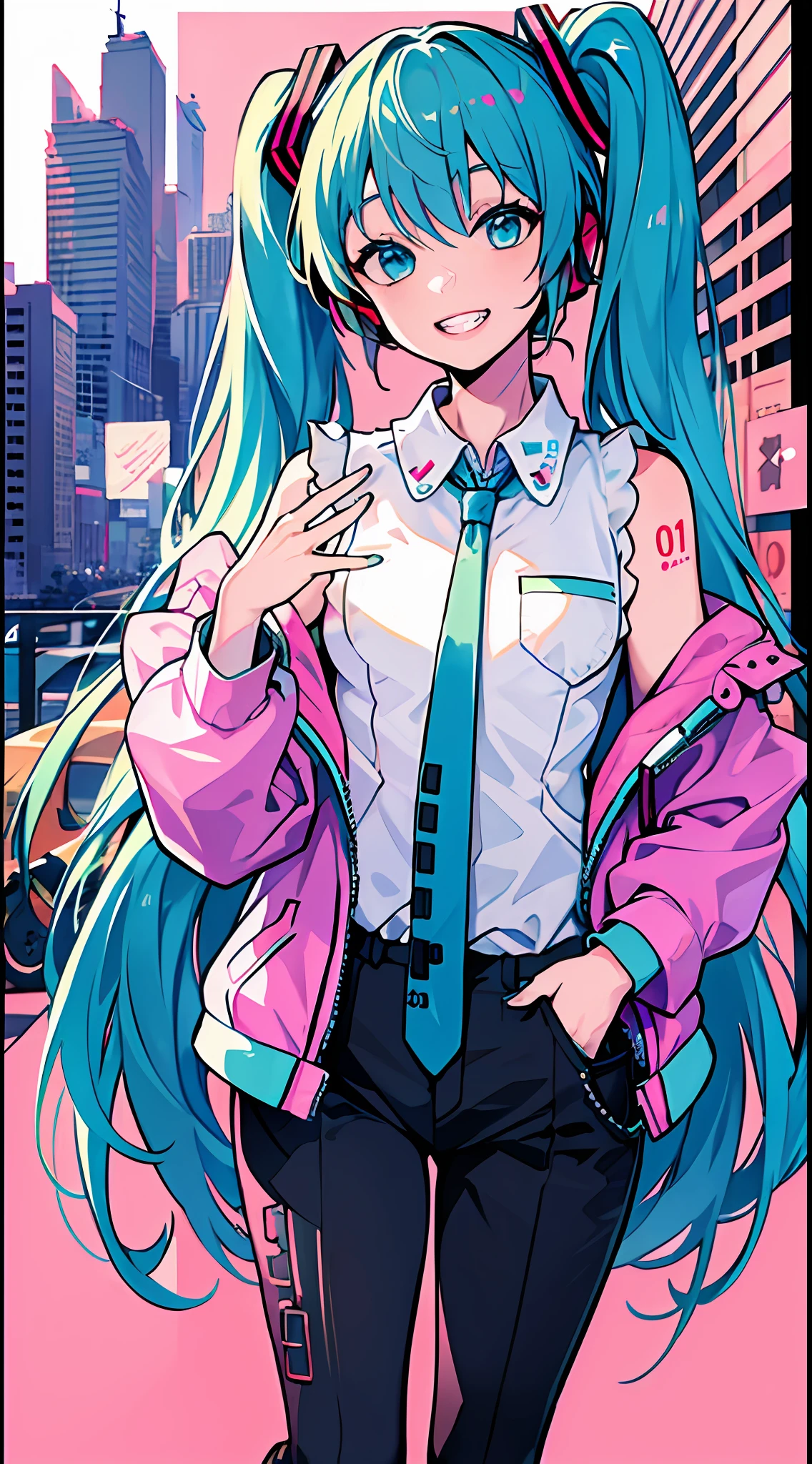 (masterpiece), (best quality), (miku), (border), (looking at viewer), 1girl, (grin), blue hair, smile, wearing pink jacket and red long pants, his hands shoved into his jacket pockets, city background