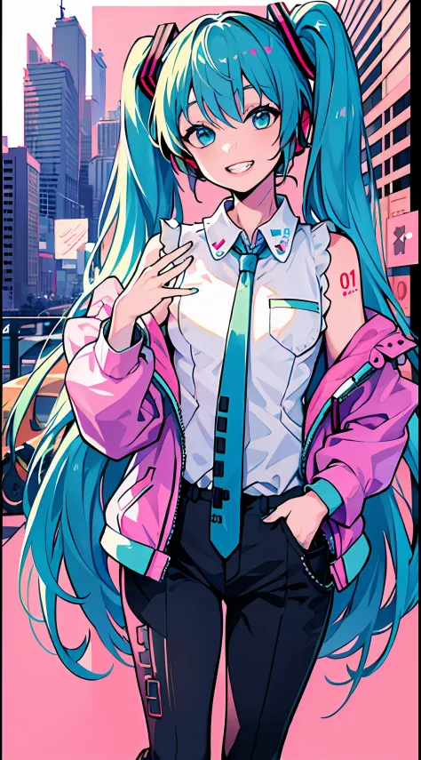 (masterpiece), (best quality), (miku), (border), (looking at viewer), 1girl, (grin), blue hair, smile, wearing pink jacket and r...