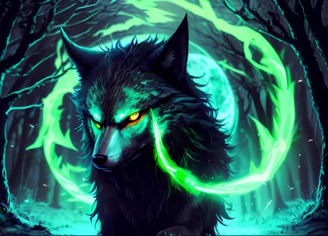 Winged wolf, fierce look, (Glowing green eyes), (Midnight forest scene), howling at the moon. (fantasy creature), (An majestic), (Mysterious). (Dark and light contrast), (Detailed fur texture).Green glowing line、Green Energy、Red Spark、Green Spark