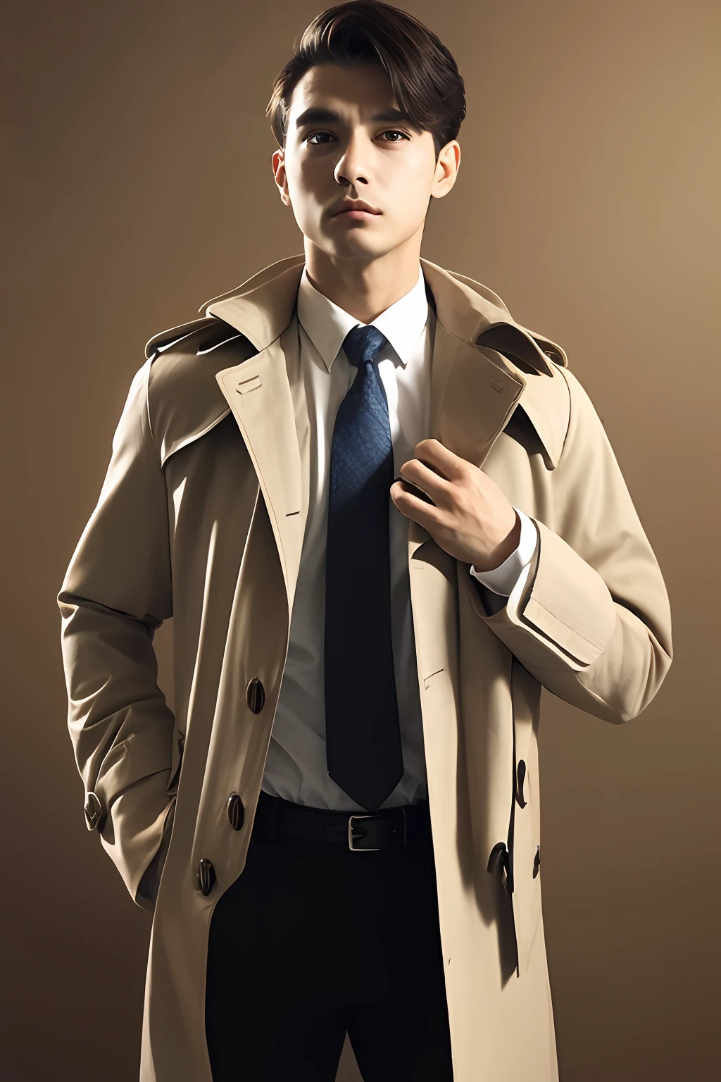 ，blazer jacket，Black coat trench coat， 18k, {{Masterpiece}}, Best quality, High quality:1.4), simplebackground，brown background，，{{[[front look}}, Photo pose)]], very pretty look face, And very nice red eyes, 1人, Solo, Portrait of Habibnul Magomedov in a suit and tie, Beard, Serious, Details, Realistic, Photography, The background is blurred out, soft focus