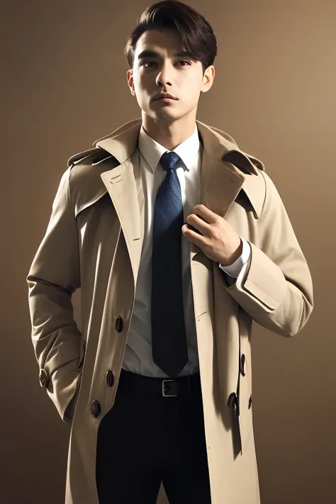 ，blazer jacket，Black coat trench coat， 18k, {{Masterpiece}}, Best quality, High quality:1.4), simplebackground，brown background，...