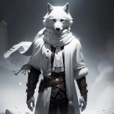 white wolf wearing a scarf, standing alone, solo