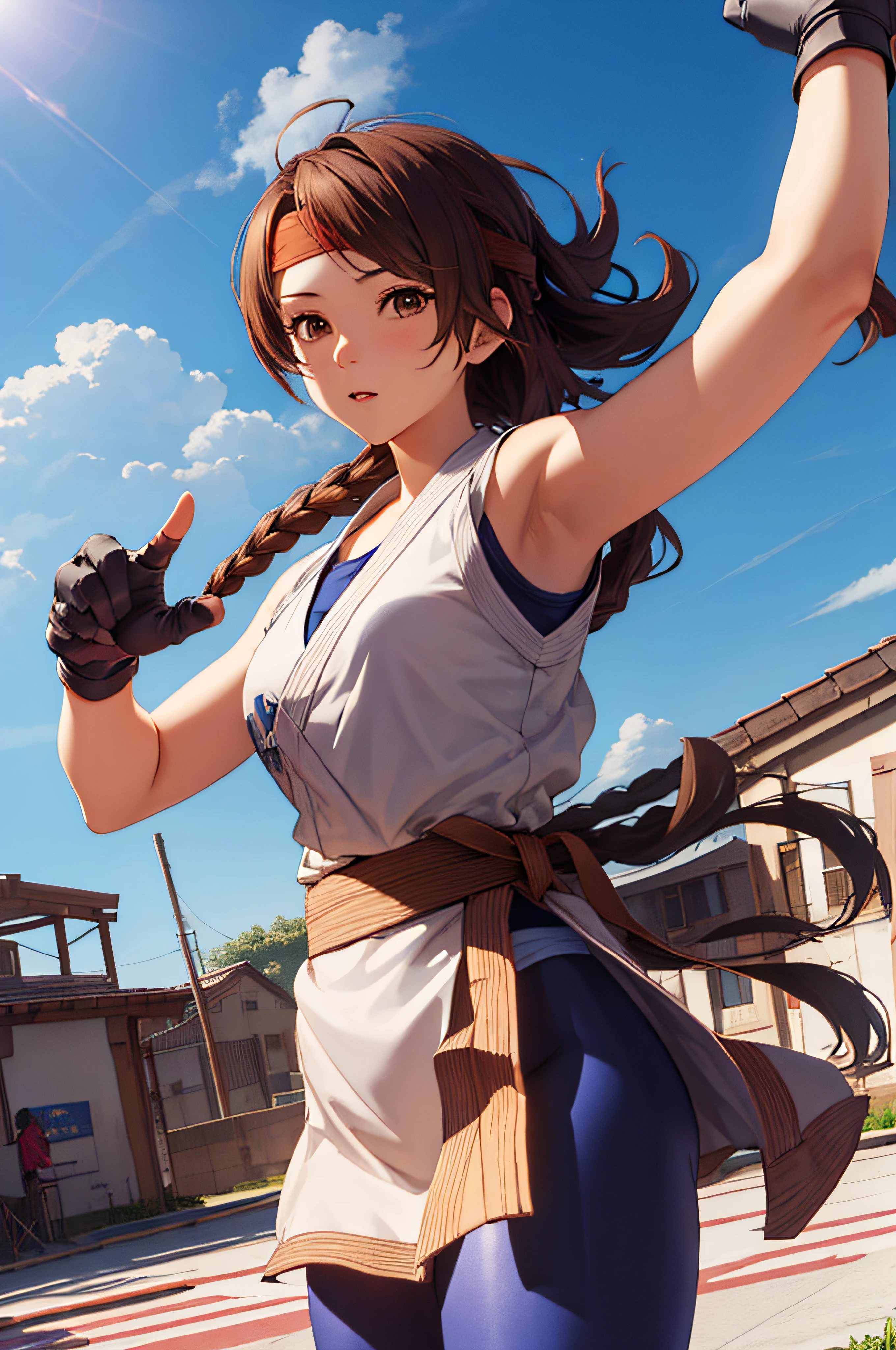 (masterpiece, best quality, high resolution, unity 8k wallpaper, extremely detailed CG:1), (illustration:1.0), 1girl,solo, yurims, headband, dougi, spandex, gloves,