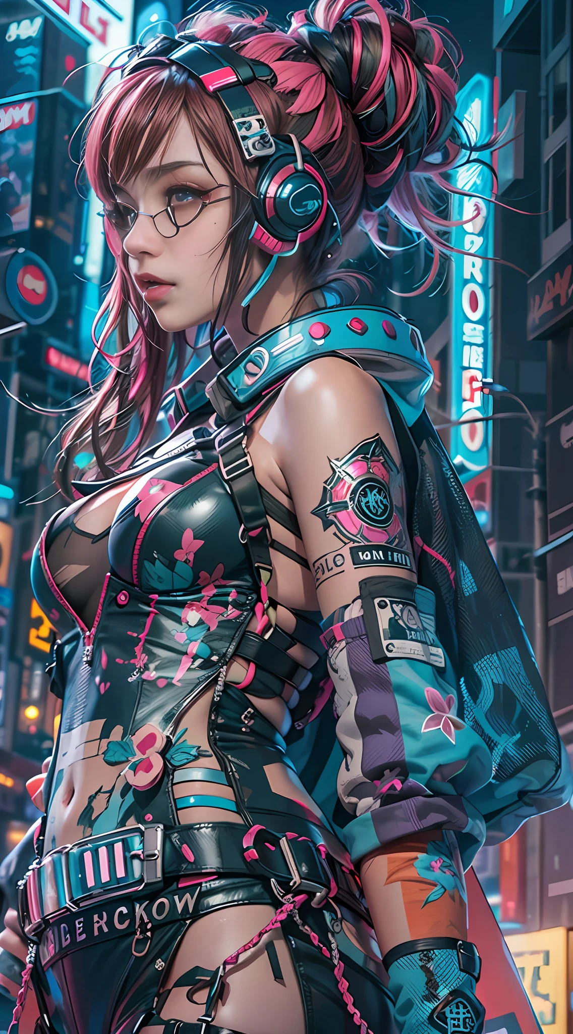 masterpiece, best quality, 2 confident cyberpunk girls standing together, Harajuku-inspired cyberpunk body harness, bold colors and patterns, eye-catching accessories, trendy and innovative hairstyle, vibrant makeup, Cyberpunk dazzling cityscape, skyscrapers, neon signs, LED lights, bright and vivid color scheme, anime, illustration, detailed skin texture, detailed cloth texture, beautiful detailed face, intricate details, ultra detailed.