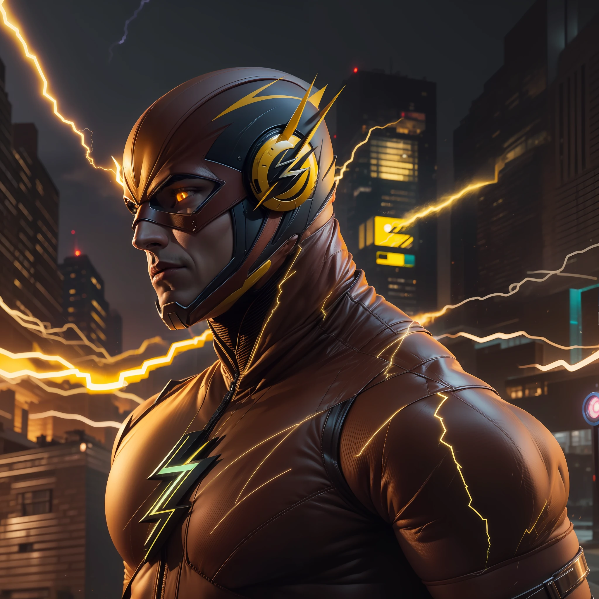 The Flash，Best Premium Grade，A high resolution, Tall, Muscular, hunk, White plate and scarlet neon set, Large glowing yellow eyes, Stand in a strong position, Yellow lightning track, Detailed face, Detailed suit, Ultra detailed, Masterpiece, Light tuning in the background, 4K, RAW photo, Low camera angle，Virtual engine rendering，Sprint cyberpunk flash ， Summon masks， glowing bright yellow eyes， body builder， jogging， urban in the background， lightning in sky， Hyper-detailing， hyper realisitc， cinematic ligh ，rendering by octane， 16k，salama，The body is surrounded by lightning，Zack Schneider film style