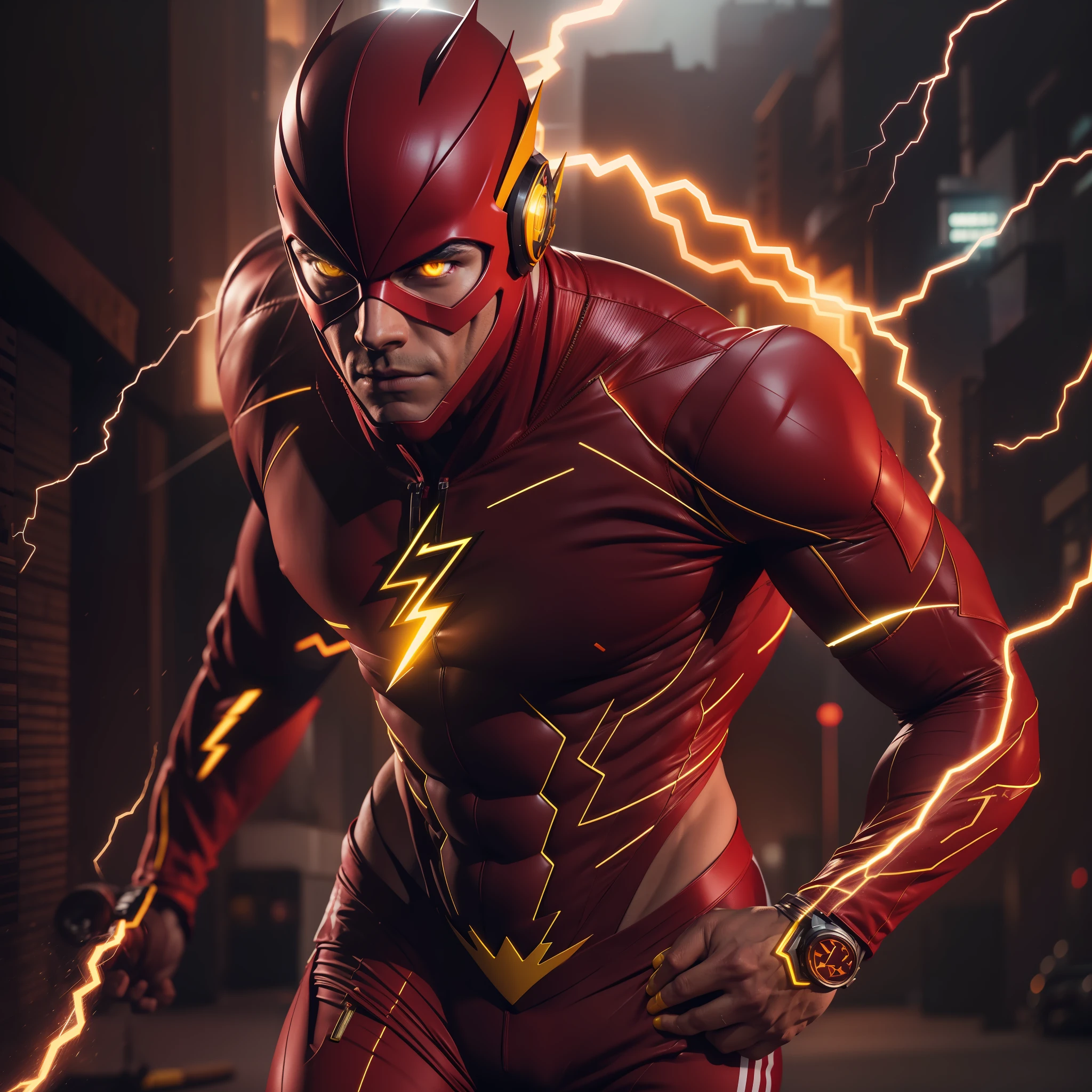 The Flash，Best Premium Grade，A high resolution, Tall, Muscular, hunk, White plate and scarlet neon set, Large glowing yellow eyes, Stand in a strong position, Yellow lightning track, Detailed face, Detailed suit, Ultra detailed, Masterpiece, Light tuning in the background, 4K, RAW photo, Low camera angle，Virtual engine rendering，Sprint cyberpunk flash ， Summon masks， glowing bright yellow eyes， body builder， jogging， urban in the background， lightning in sky， Hyper-detailing， hyper realisitc， cinematic ligh ，rendering by octane， 16k，salama，The body is surrounded by lightning，Zack Schneider film style