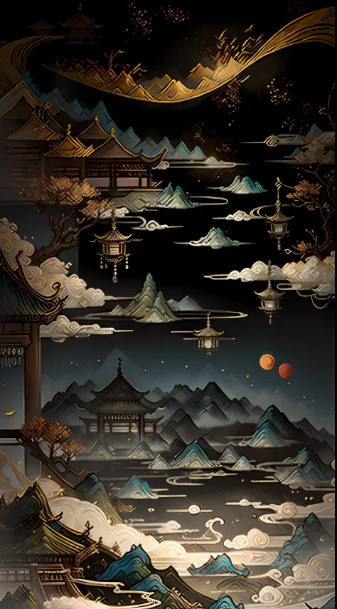 An ancient Chinese painting, ancient Chinese background, mountains, rivers, auspicious clouds, pavilions, sunshine, masterpieces, super detail, epic composition, ultra HD, high quality, extremely detailed, official art, unified 8k wallpaper, Super detail, ...