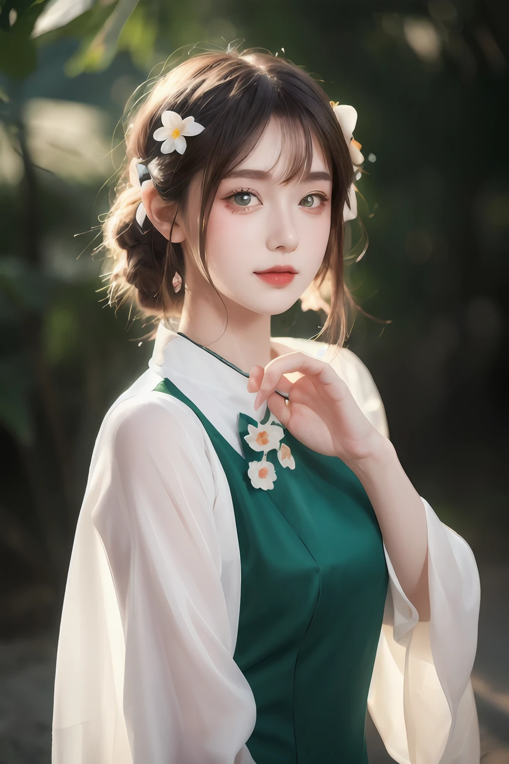There is a girl in a green dress, plum blossoms, palaces, oriental architecture ray tracing, {best quality}, {{masterpiece}}, extremely detailed 8K wallpaper, {an extremely delicate and beautiful}, colorful, intricately detailed, Realistic, real, camera quality, (detailed depiction of clothes), cool white skin, (detailed depiction of blush), 1080p, sun, soft cuteness, smooth light silver hair, messy beauty, lighting, broken feeling, bright and silky skin , 3D stereoscopic, masterpiece, best quality, super fine illustration, beautiful eyes, very fine light, fine glow, very fine 8K CG wallpaper, peach eyes, red pupils, an extremely delicate and beautiful girl, 8k Wallpaper, best quality, full body close-up, white long dress, luxurious silky bright red chiffon floodlight (magic, glitter, ultra-thin, soft,) Hanfu