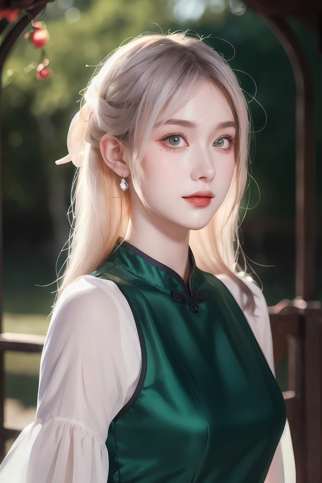 There is a girl in a green dress, plum blossoms, palaces, oriental architecture ray tracing, {best quality}, {{masterpiece}}, extremely detailed 8K wallpaper, {an extremely delicate and beautiful}, colorful, intricately detailed, Realistic, real, camera quality, (detailed depiction of clothes), cool white skin, (detailed depiction of blush), 1080p, sun, soft cuteness, smooth light silver hair, messy beauty, lighting, broken feeling, bright and silky skin , 3D stereoscopic, masterpiece, best quality, super fine illustration, beautiful eyes, very fine light, fine glow, very fine 8K CG wallpaper, peach eyes, red pupils, an extremely delicate and beautiful girl, 8k Wallpaper, best quality, full body close-up, white long dress, luxurious silky bright red chiffon floodlight (magic, glitter, ultra-thin, soft,) Hanfu