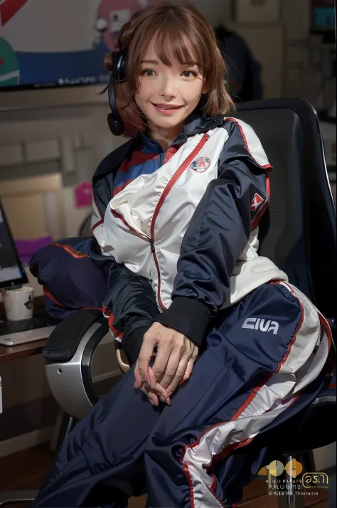 There is a woman sitting on a chair，Hold the computer, Wearing track suit, Wearing track suit, D. VA from Overwatch, Irelia, Casual pose, e-sport style, Irelia from League of Legends, Shot on Canon EOS R 6, Surrealism female students, wearing tight suit, c...