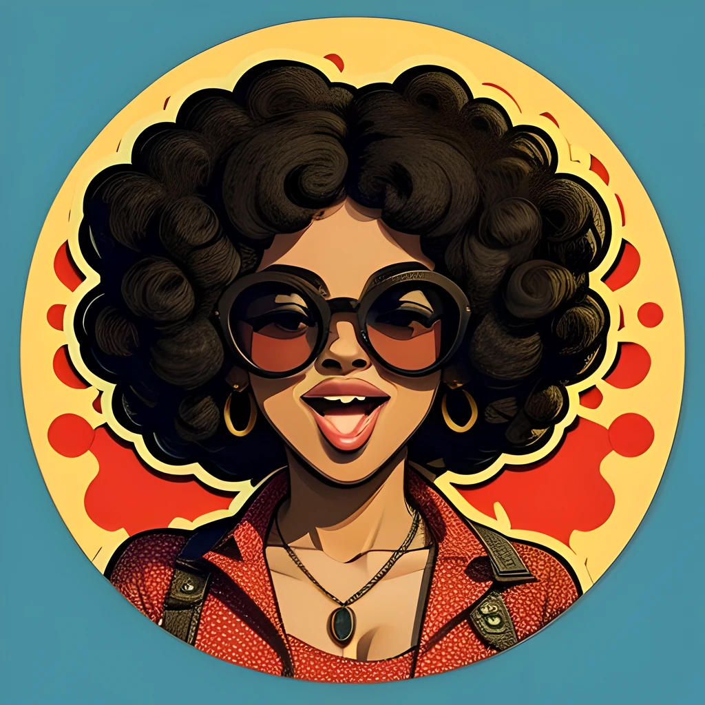 Adesivo Wow pop art face. mulher com cabelo preto afro cacheado e boca aberta e óculos escuros , Fundo vetorial no estilo de pontos cômicos retrô da arte pop