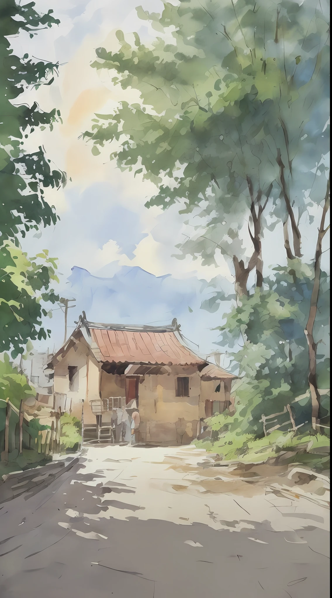 la peinture à l&#39;aquarelle, petit chemin de maisons rurales chinoises, des arbres, Soleil brillant, ombre,