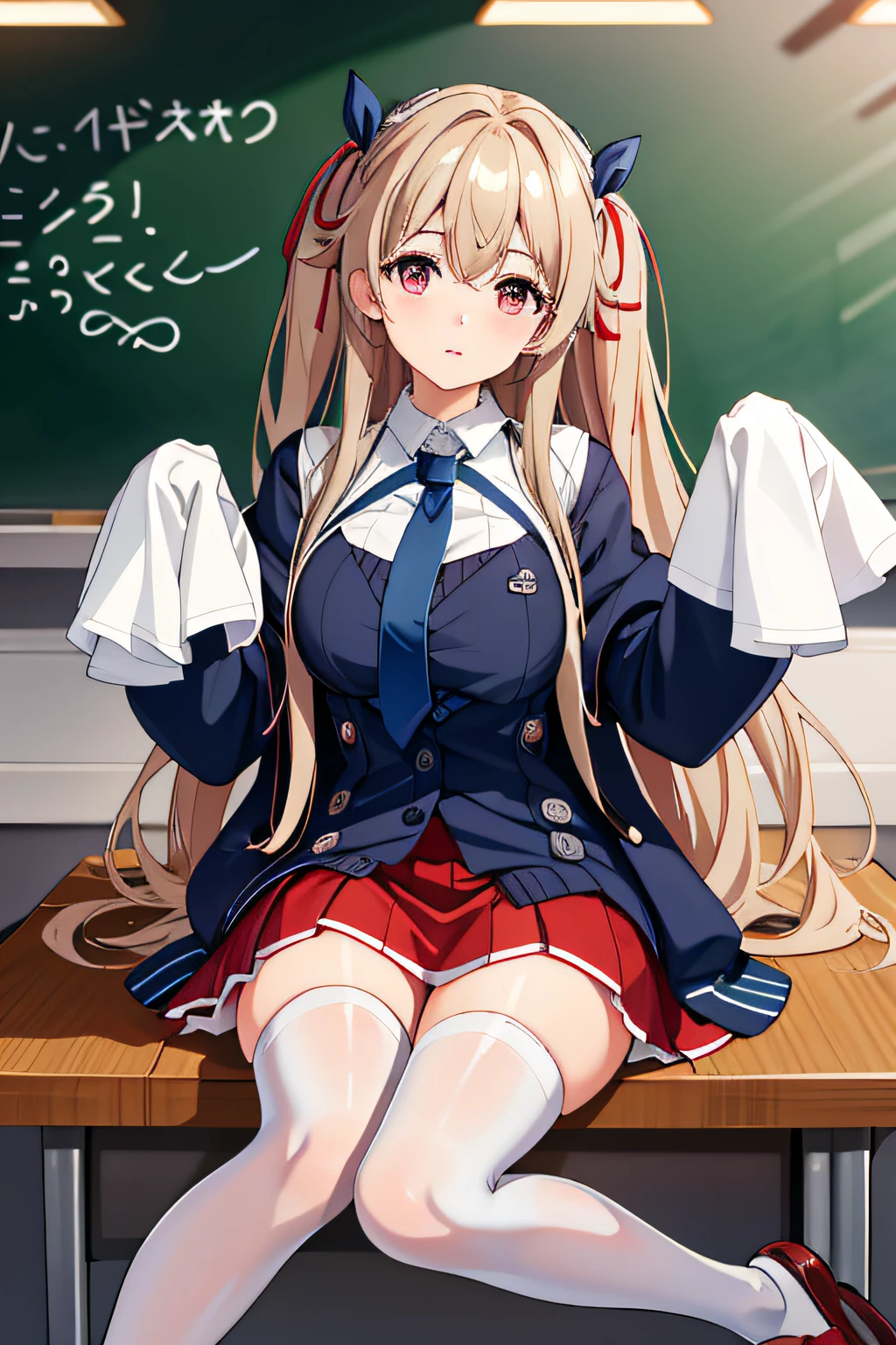 best quality masterpiece, AnchorageV4, 1girl, solo, looking at viewer, skirt, shirt, thighhighs, ribbon, sitting, , hair ribbon, white shirt, necktie, shoes, white thighhighs, official alternate costume, sleeves past wrists, red skirt, cardigan, desk, classroom, chalkboard, uwabaki, on desk,