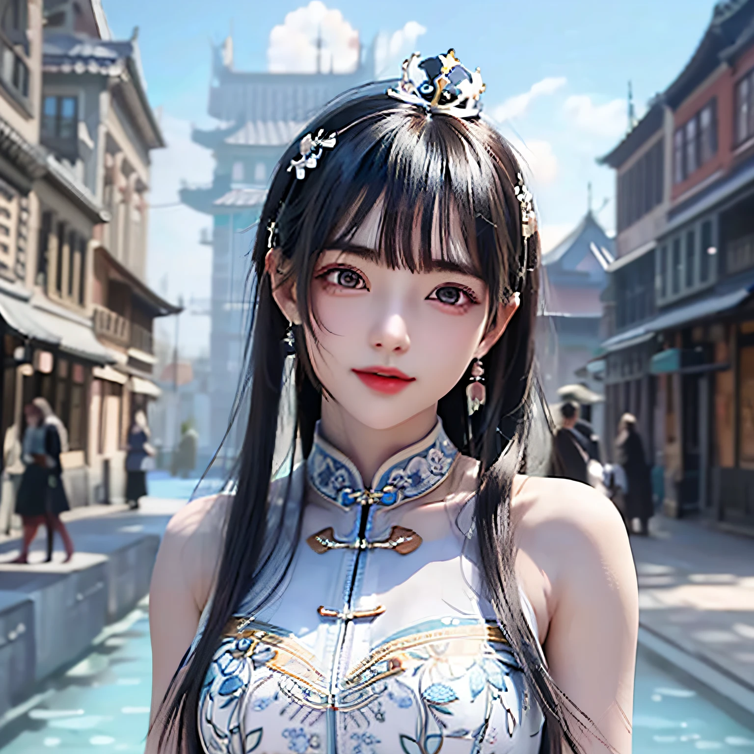 There was a woman in a blue dress，Wear a tie, Palace ， A girl in Hanfu, a beautiful fantasy empress, gorgeous chinese models, Chinese style, Guviz-style artwork, cute elegant pose, ((a beautiful fantasy empress)), Chinese girl, Cheongsam, style of wlop, trending on cgstation, author：Fan Qi(PureErosFace_V1: 0.5), (Ulzzang-6500: 0.5), Masterpiece, Best quality, (((Face the lens))，high resolution, Super detailed, (Original photo, Best quality), (Realistic, Realistic: 1.2), Highly detailed, Solo, 1girll, Blue eyes, White skin, Black hair, view the viewer, (Bare shoulders: 1.5), Blue wooden door, Red maple forest, (Silver and cyan clothes: 1.5), (Detailed beautiful face, detailed skin textures, super detailed body: 1.1), There are a lot of decorations on the clothes, intricate headpiece, (crown:1.2), (There are a lot of feather decorations on the head: 1.5),(Backlight:1.2), (Refined face: 1.5),